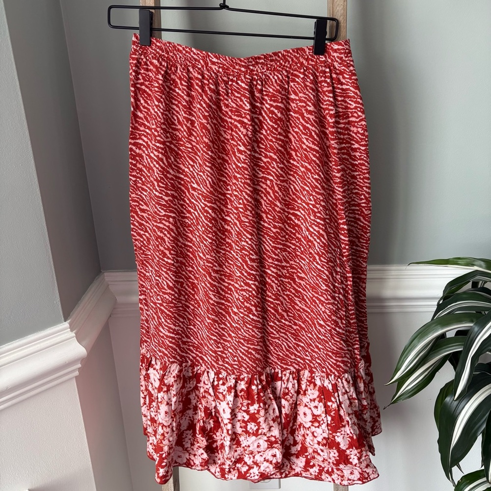 RACHEL Rachel Roy Red & White Mixed Pattern Maxi Shirt Size Medium - 1662